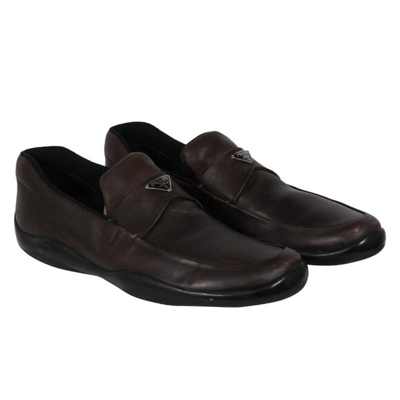 Prada Men Traingle Logo Plaque Loafers Size US 11 UK 10 Brown Leather Slip On - Picture 1 of 10